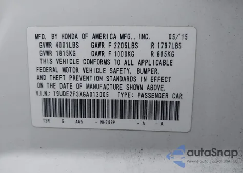 2016 Acura Ilx 2.4L/Acurawatch Plus Package z USA, uszkodzony, nr VIN 19UDE2F3XGA013005